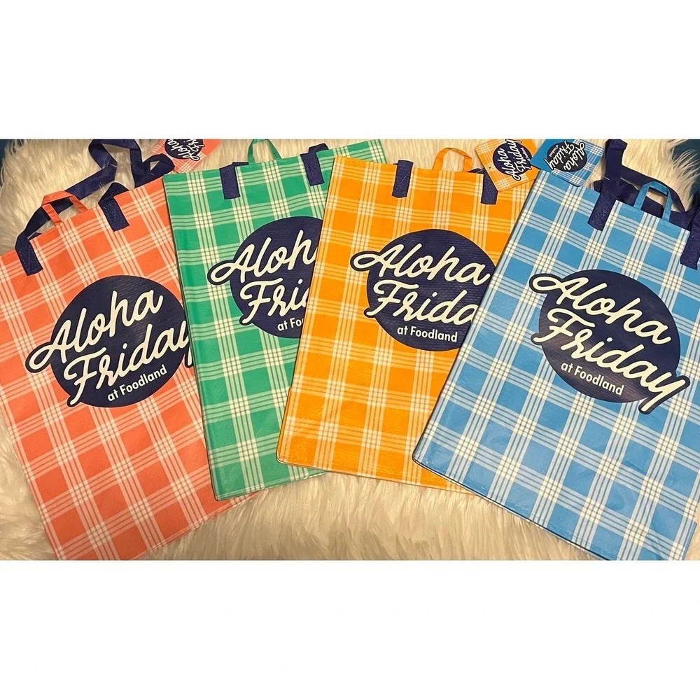 NWT Aloha Friday Palaka Foodland Hawaii Exclusive Reusable Tote Bag Set of 4 - Picture 1 of 7